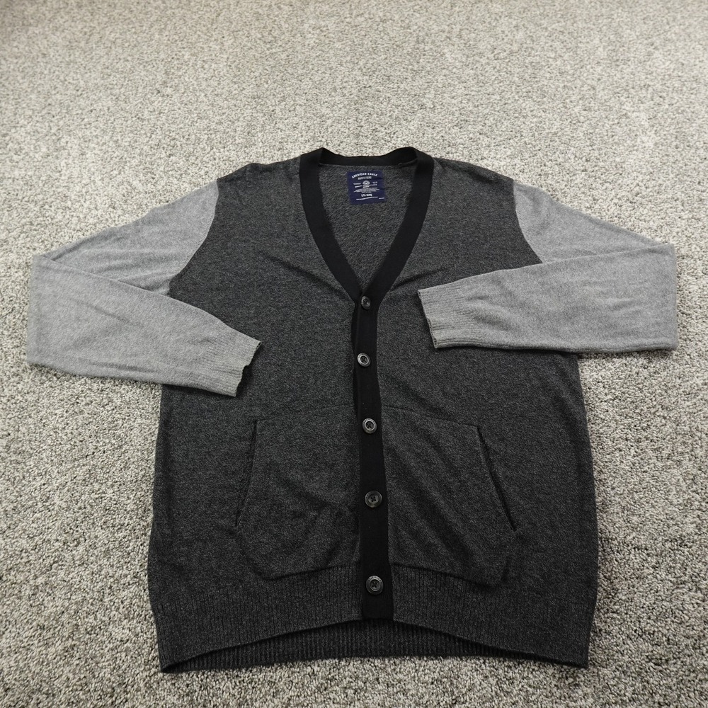 American Eagle Cardigan Mens LT Gray Button Up V Neck Sweater Grandpa‎ Academia